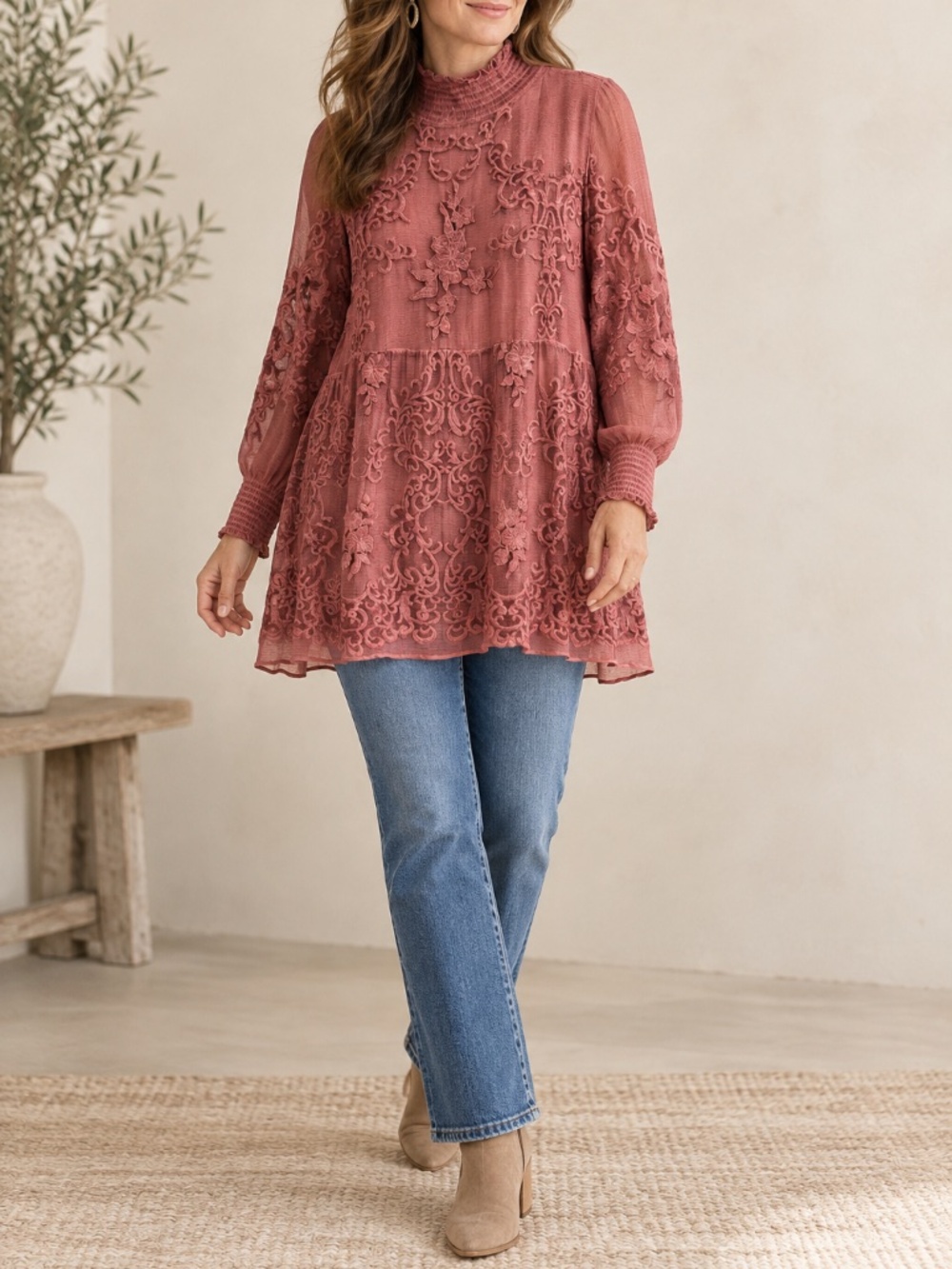 Soft Surroundings Silk Embroidery Floral Tunic Top Boho Chic Romantic Ethereal M